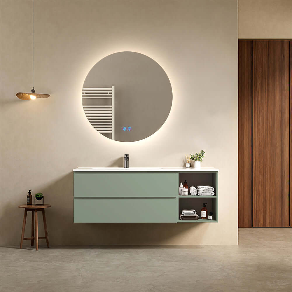 Mobile bagno sospeso 140 cm Verde Salvia Lavabo a Sinistra in Resina Specchio Tondo Retroilluminato - Fiji Paint Plus