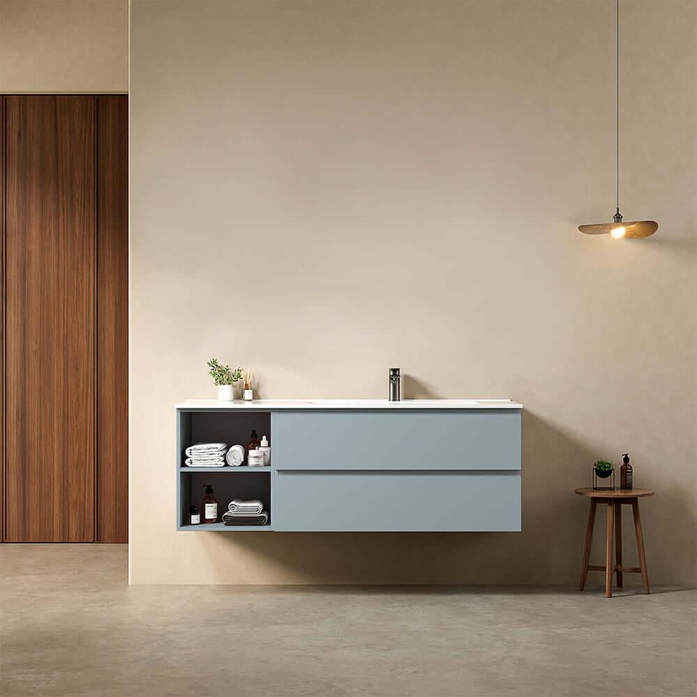 Mobile bagno sospeso 140 cm Blu Avio Lavabo a Destra in Resina Senza Specchio - Fiji Paint Plus