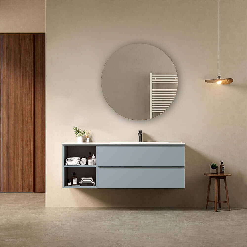 Mobile bagno sospeso 140 cm Blu Avio Lavabo a Destra in Resina Specchio Tondo - Fiji Paint Plus