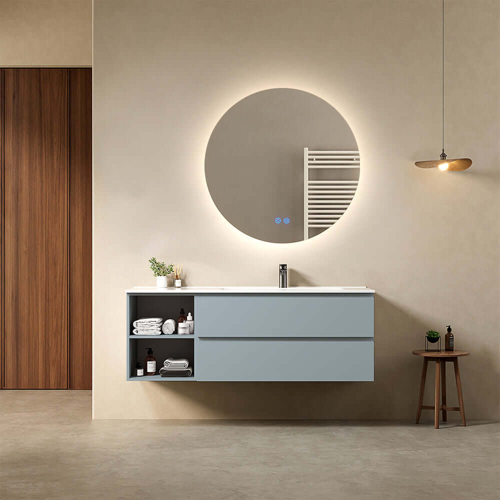 Mobile bagno sospeso 140 cm Blu Avio Lavabo a Destra in Resina Specchio Tondo Retroilluminato - Fiji Paint Plus
