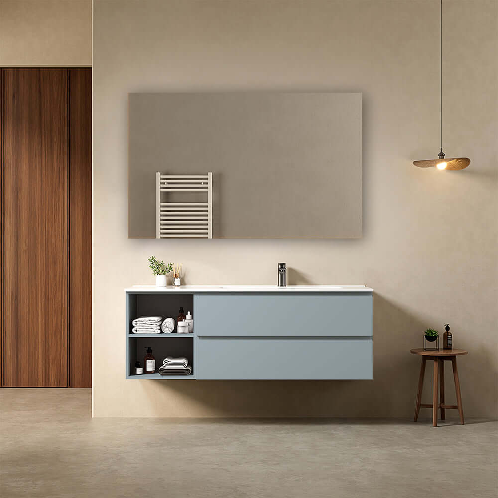 Mobile bagno sospeso 140 cm Blu Avio Lavabo a Destra in Resina Specchio Quadro - Fiji Paint Plus