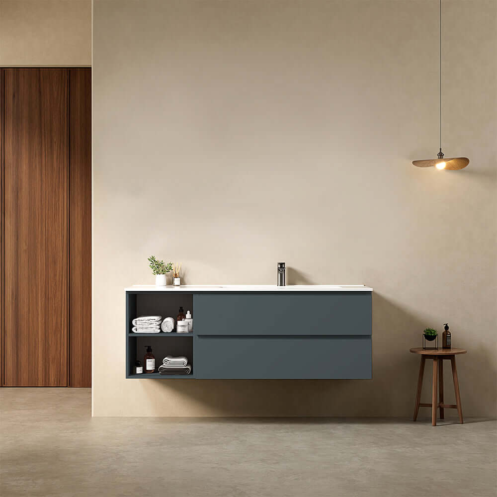 Mobile bagno sospeso 140 cm Blu Mare Lavabo a Destra in Resina Senza Specchio - Fiji Paint Plus