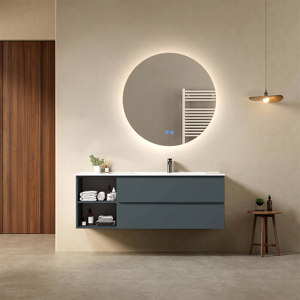 Mobile bagno sospeso 140 cm Blu Mare Lavabo a Destra in Resina Specchio Tondo Retroilluminato - Fiji Paint Plus
