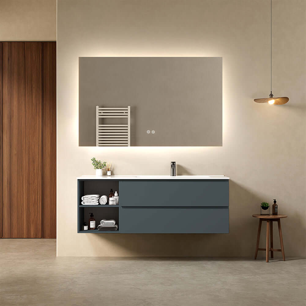 Mobile bagno sospeso 140 cm Blu Mare Lavabo a Destra in Resina Specchio Quadro Retroilluminato - Fiji Paint Plus