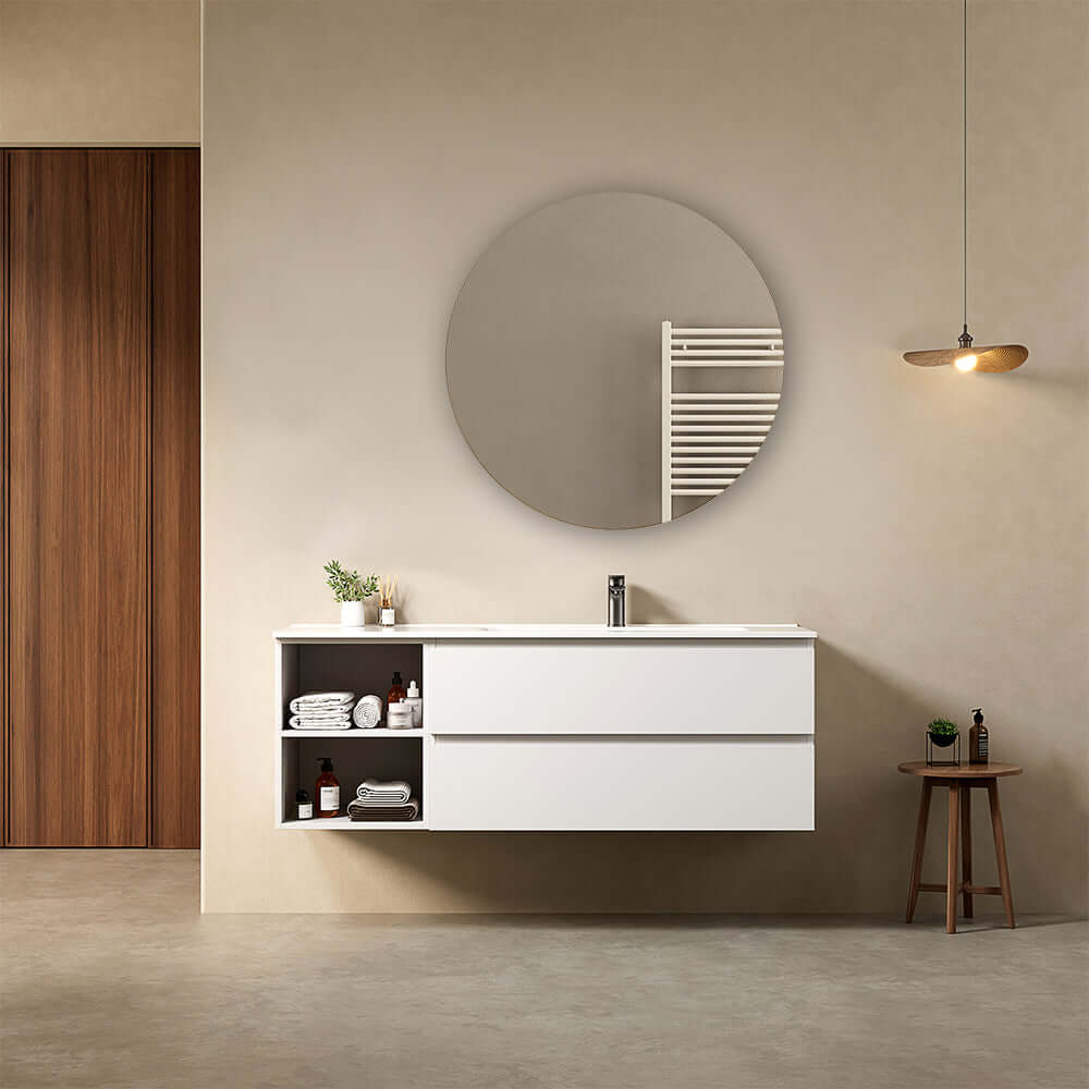 Mobile bagno sospeso 140 cm Bianco Lavabo a Destra in Resina Specchio Tondo - Fiji Paint Plus