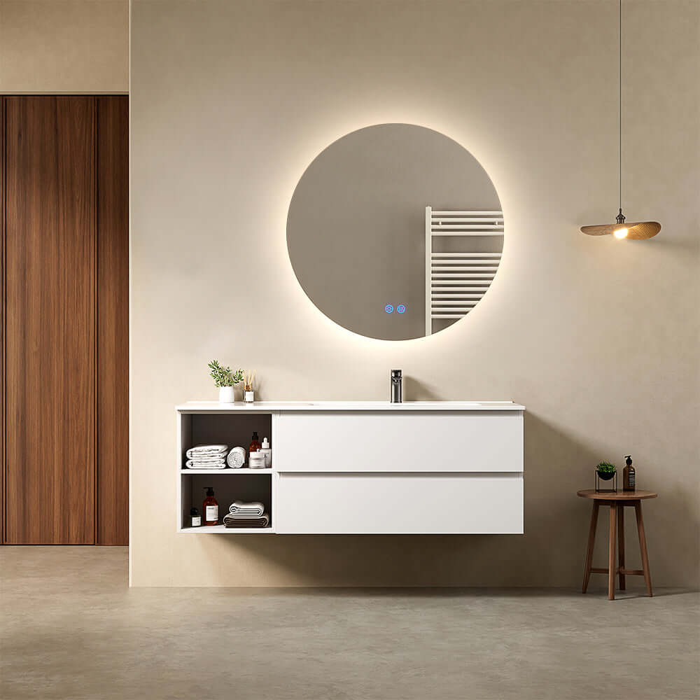 Mobile bagno sospeso 140 cm Bianco Lavabo a Destra in Resina Specchio Tondo Retroilluminato - Fiji Paint Plus