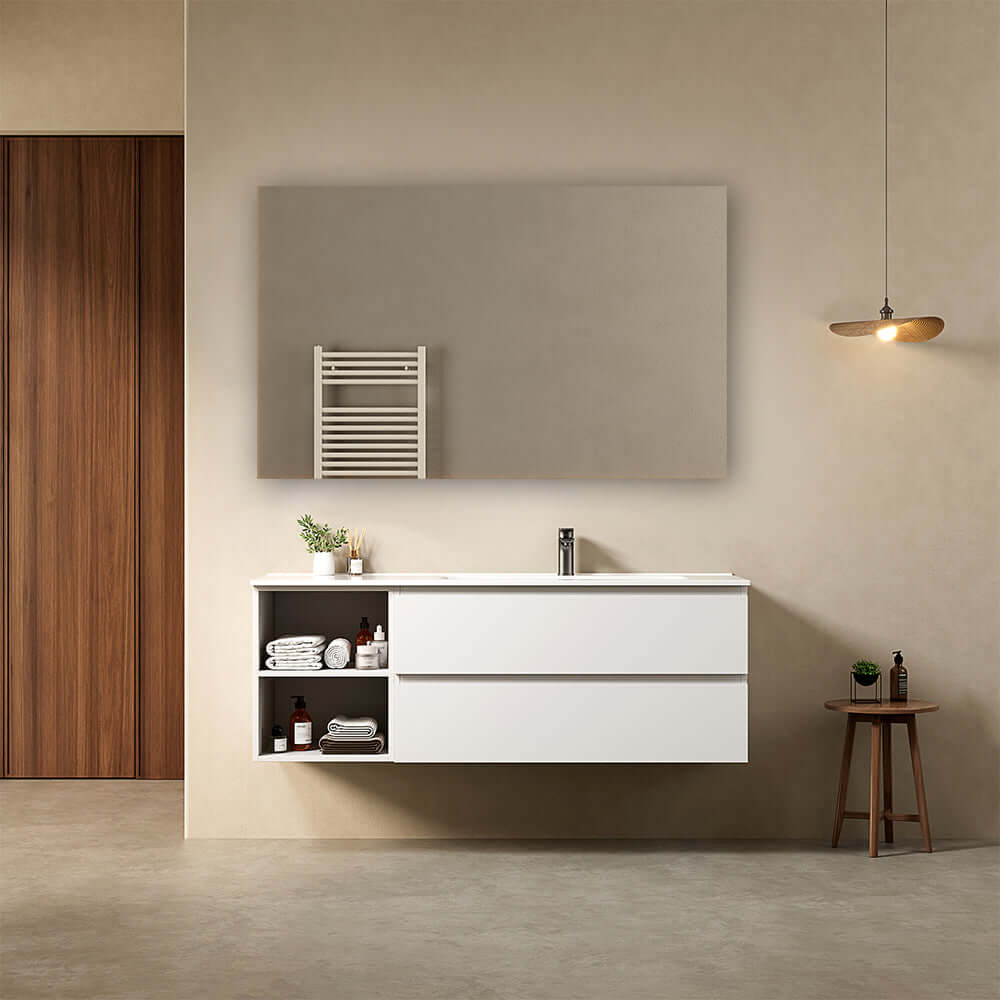 Mobile bagno sospeso 140 cm Bianco Lavabo a Destra in Resina Specchio Quadro - Fiji Paint Plus