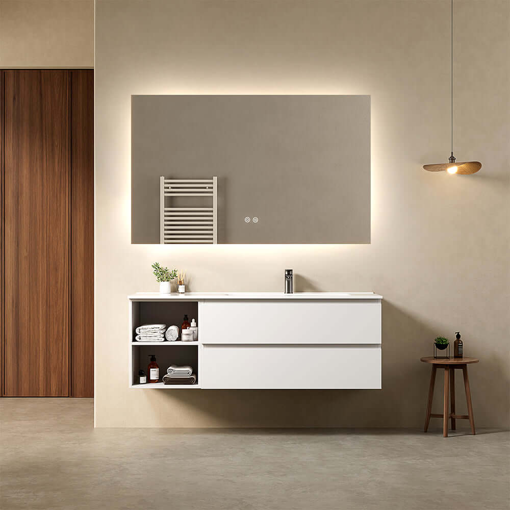 Mobile bagno sospeso 140 cm Bianco Lavabo a Destra in Resina Specchio Quadro Retroilluminato - Fiji Paint Plus