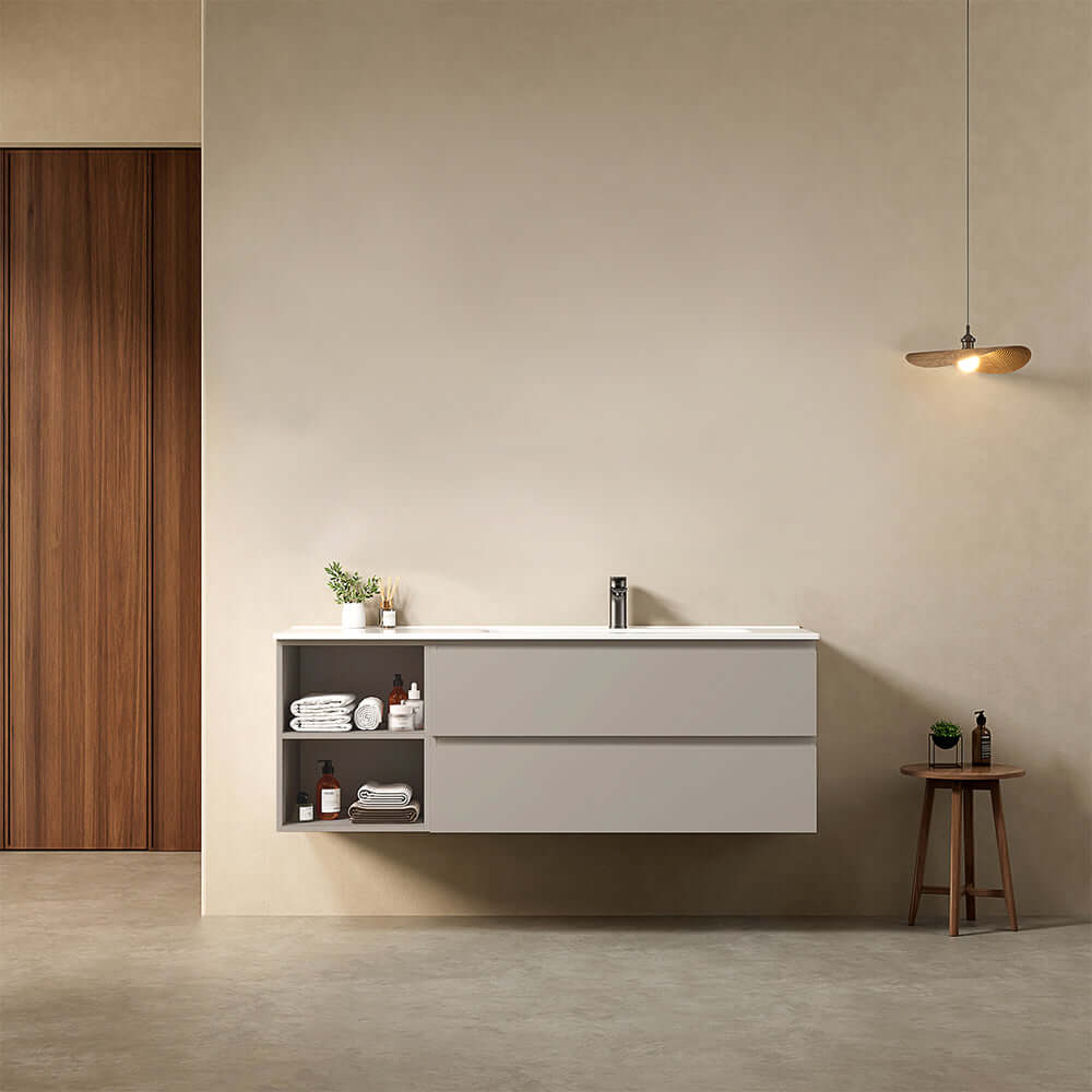 Mobile bagno sospeso 140 cm Grigio Cenere Lavabo a Destra in Resina Senza Specchio - Fiji Paint Plus