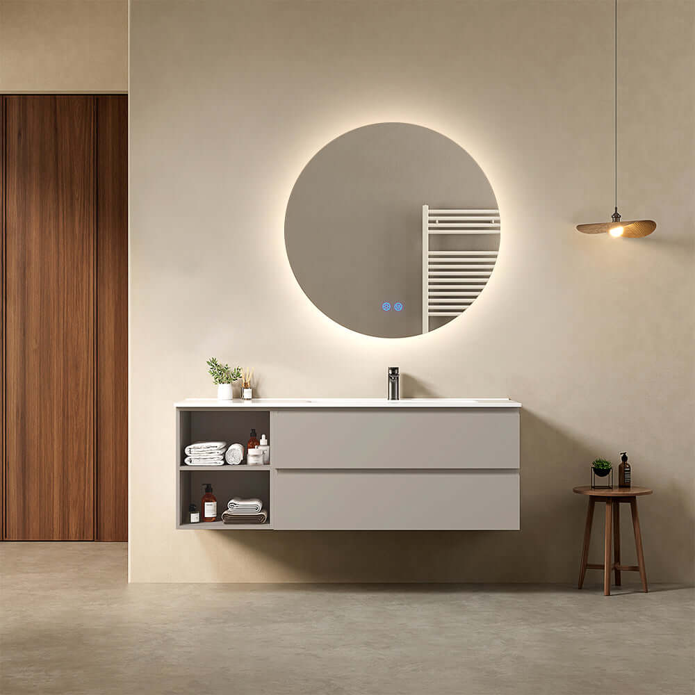 Mobile bagno sospeso 140 cm Grigio Cenere Lavabo a Destra in Resina Specchio Tondo Retroilluminato - Fiji Paint Plus