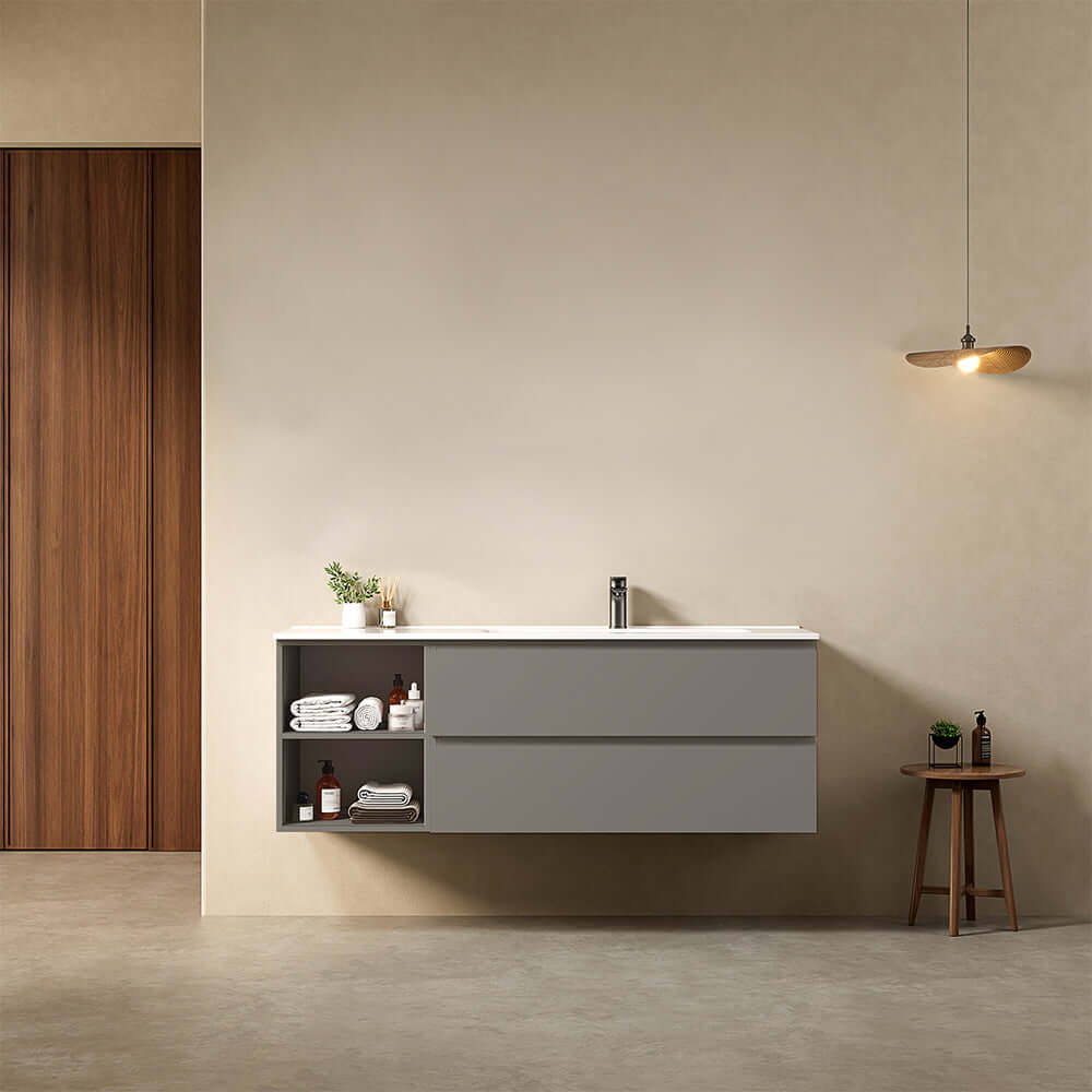 Mobile bagno sospeso 140 cm Grigio Londra Lavabo a Destra in Resina Senza Specchio - Fiji Paint Plus