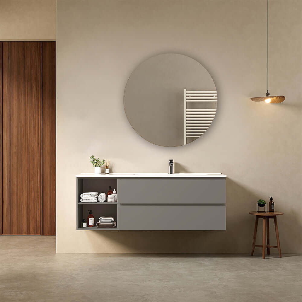 Mobile bagno sospeso 140 cm Grigio Londra Lavabo a Destra in Resina Specchio Tondo - Fiji Paint Plus
