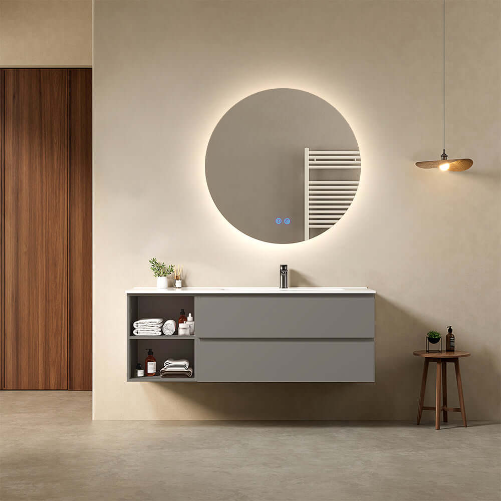 Mobile bagno sospeso 140 cm Grigio Londra Lavabo a Destra in Resina Specchio Tondo Retroilluminato - Fiji Paint Plus