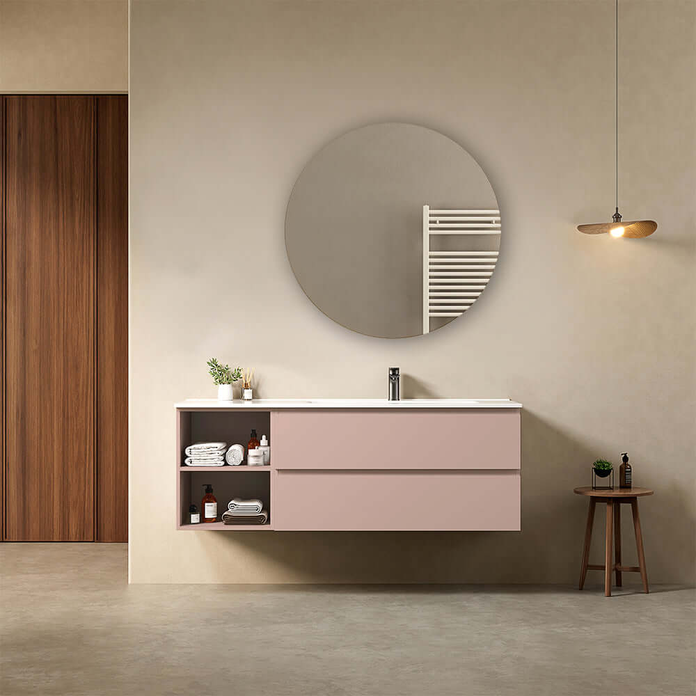 Mobile bagno sospeso 140 cm Rosa Retro Lavabo a Destra in Resina Specchio Tondo - Fiji Paint Plus