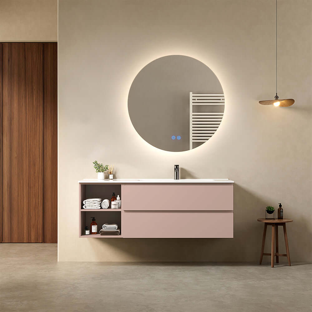 Mobile bagno sospeso 140 cm Rosa Retro Lavabo a Destra in Resina Specchio Tondo Retroilluminato - Fiji Paint Plus