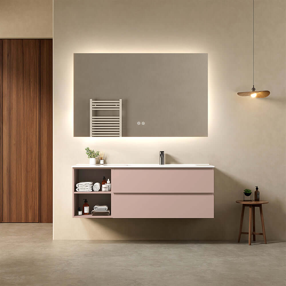 Mobile bagno sospeso 140 cm Rosa Retro Lavabo a Destra in Resina Specchio Quadro Retroilluminato - Fiji Paint Plus