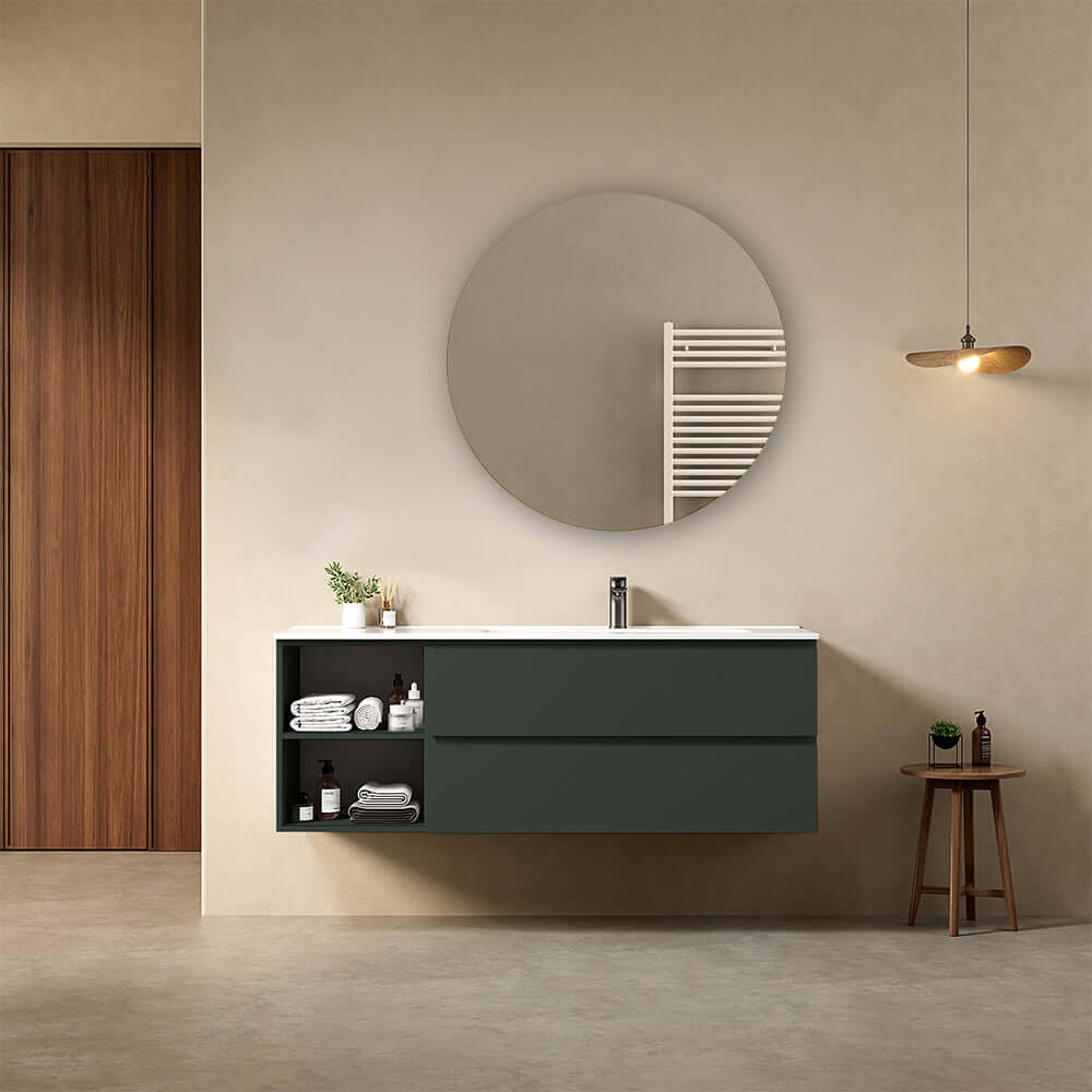 Mobile bagno sospeso 140 cm Verde Comodoro Lavabo a Destra in Resina Specchio Tondo - Fiji Paint Plus