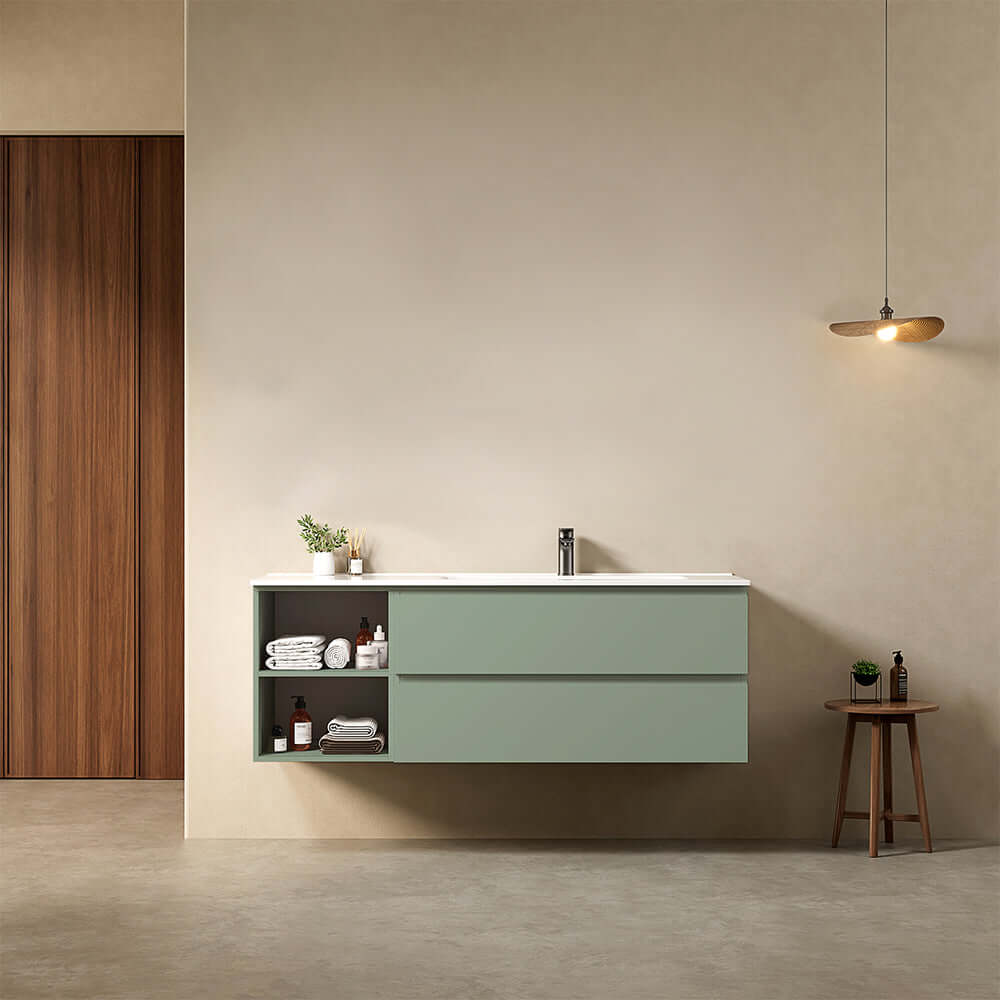 Mobile bagno sospeso 140 cm Verde Salvia Lavabo a Destra in Resina Senza Specchio - Fiji Paint Plus