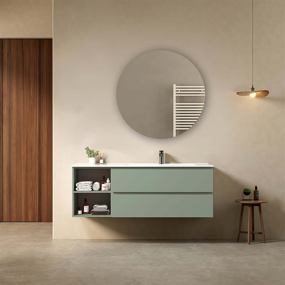 Mobile bagno sospeso 140 cm Verde Salvia Lavabo a Destra in Resina Specchio Tondo - Fiji Paint Plus