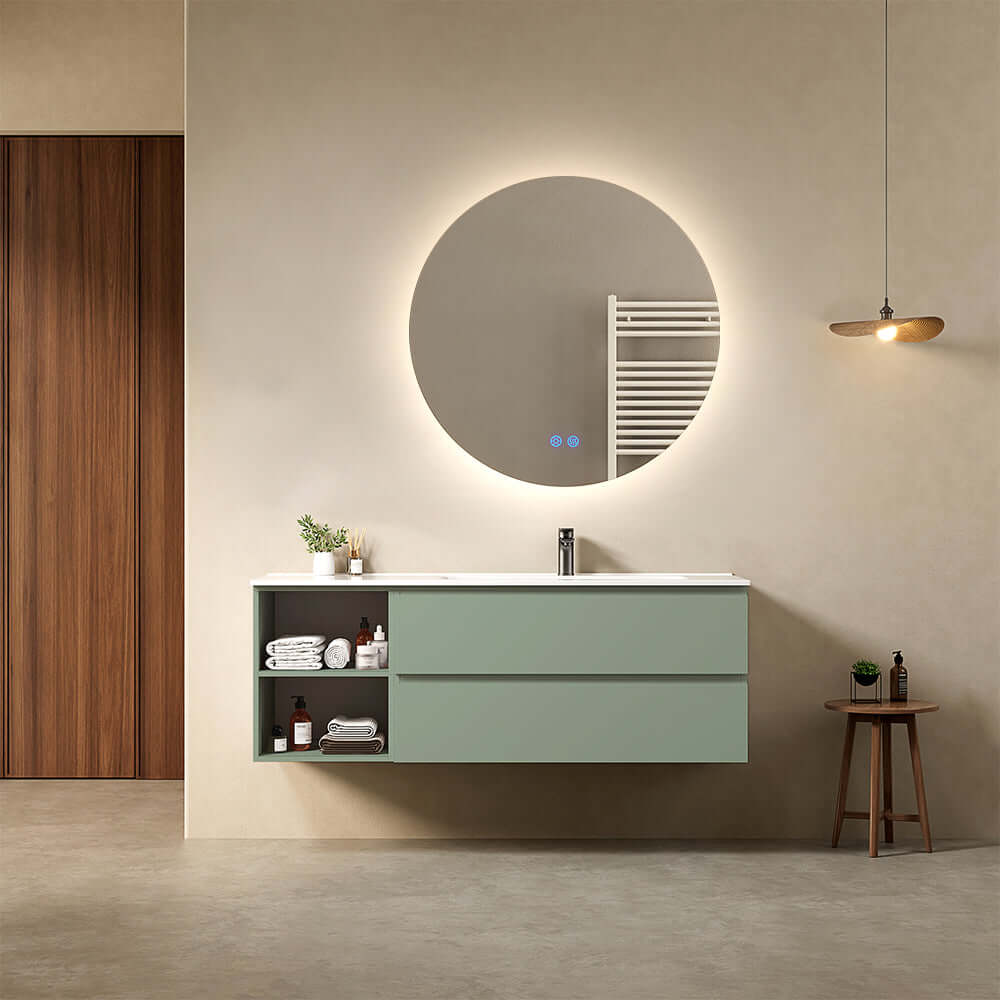 Mobile bagno sospeso 140 cm Verde Salvia Lavabo a Destra in Resina Specchio Tondo Retroilluminato - Fiji Paint Plus