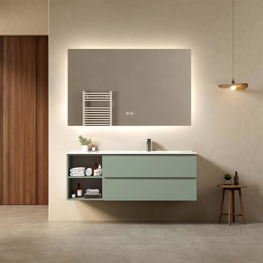 Mobile bagno sospeso 140 cm Verde Salvia Lavabo a Destra in Resina Specchio Quadro Retroilluminato - Fiji Paint Plus