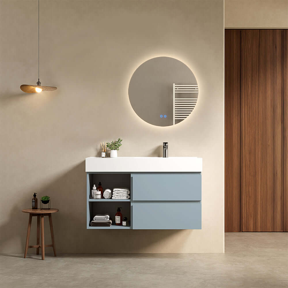 Mobile bagno sospeso 100 cm Blu Avio Lavabo a Destra in Resina Specchio Tondo Retroilluminato - Fiji Paint Plus