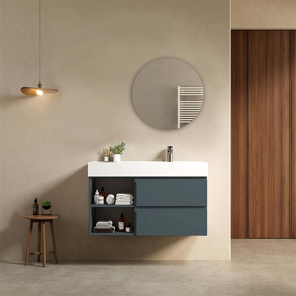 Mobile bagno sospeso 100 cm Blu Mare Lavabo a Destra in Resina Specchio Tondo - Fiji Paint Plus