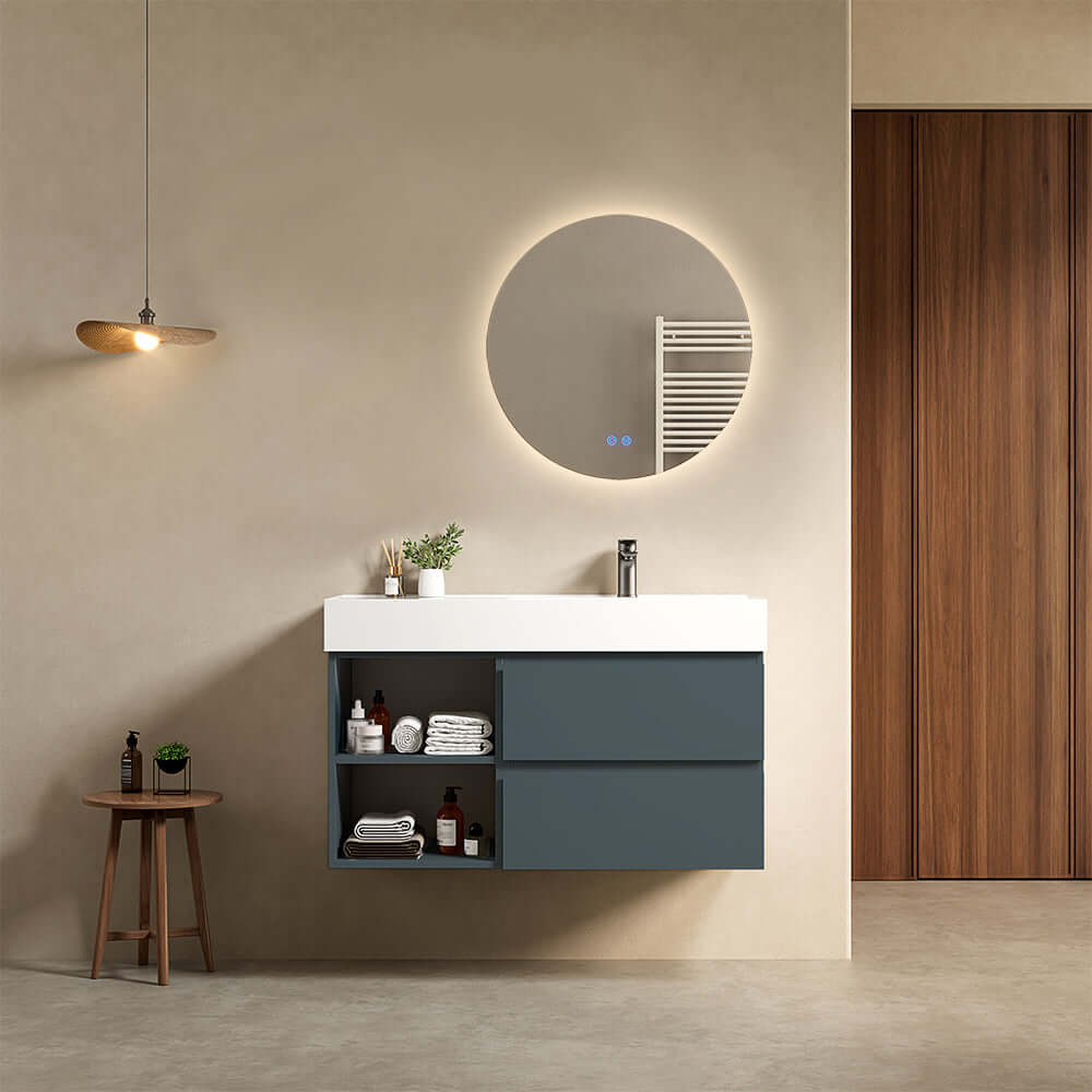 Mobile bagno sospeso 100 cm Blu Mare Lavabo a Destra in Resina Specchio Tondo Retroilluminato - Fiji Paint Plus