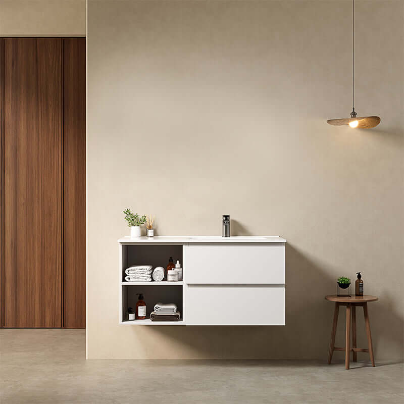 Mobile bagno sospeso 100 cm Bianco Opaco Lavabo a Destra in Ceramica Senza Specchio - Fiji Paint Plus