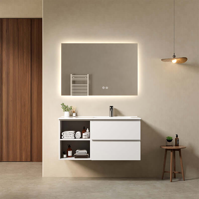 Mobile bagno sospeso 100 cm Bianco Opaco Lavabo a Destra in Ceramica Specchio Quadro Retroilluminato - Fiji Paint Plus