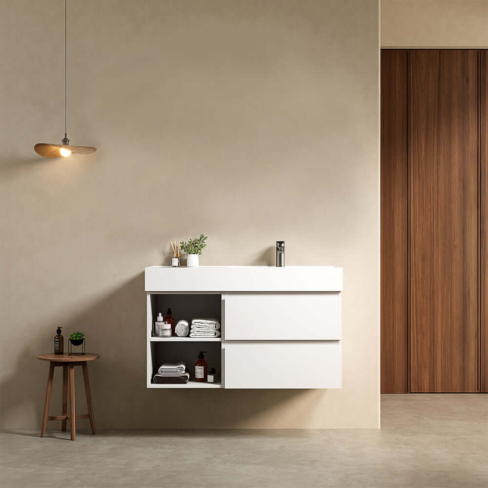 Mobile bagno sospeso 100 cm Bianco Opaco Lavabo a Destra in Resina Senza Specchio - Fiji Paint Plus