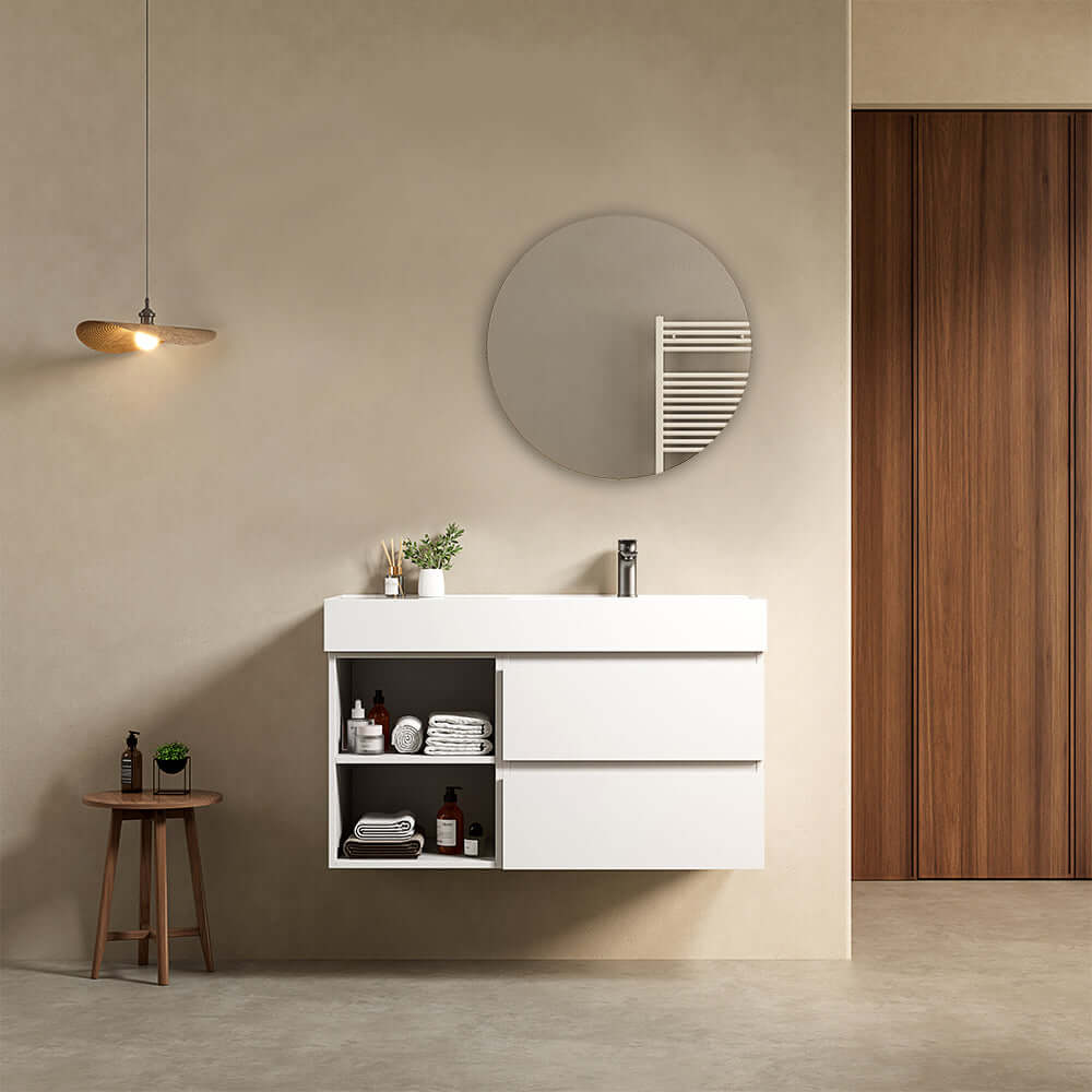Mobile bagno sospeso 100 cm Bianco Opaco Lavabo a Destra in Resina Specchio Tondo - Fiji Paint Plus