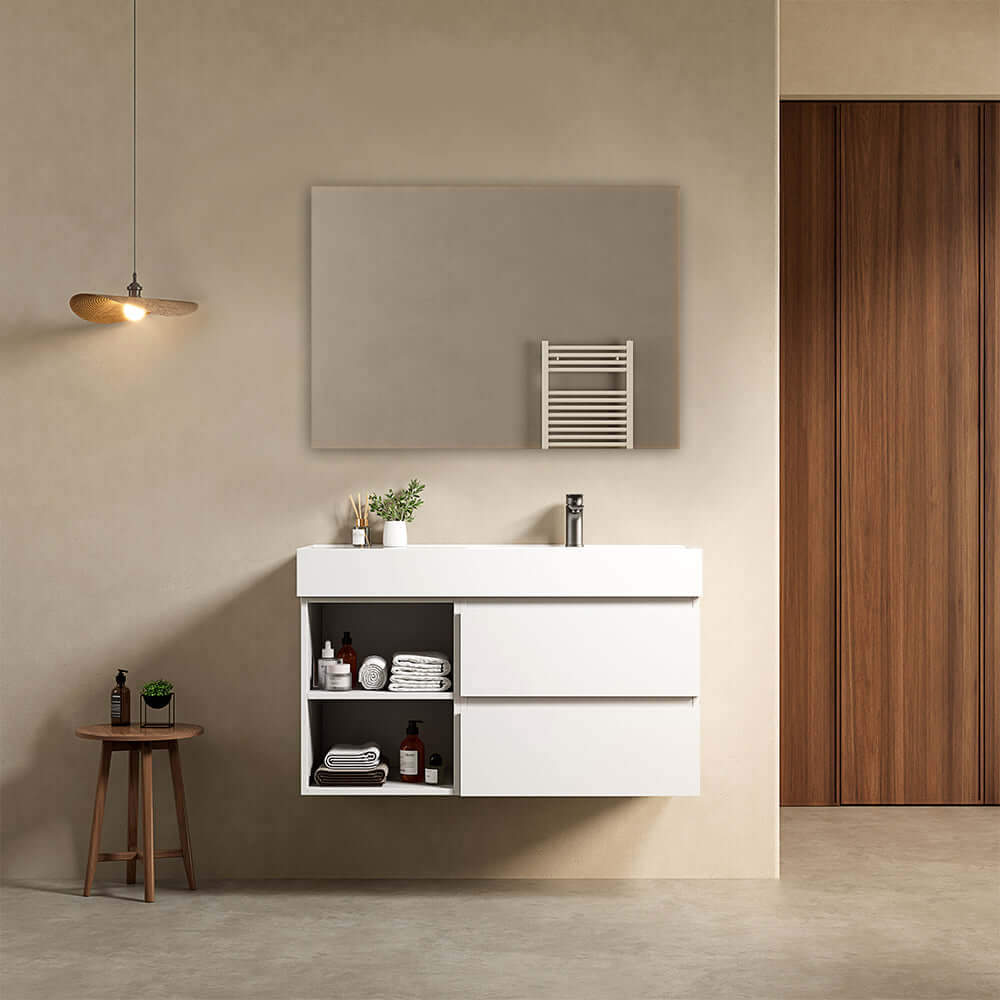 Mobile bagno sospeso 100 cm Bianco Opaco Lavabo a Destra in Resina Specchio Quadro - Fiji Paint Plus