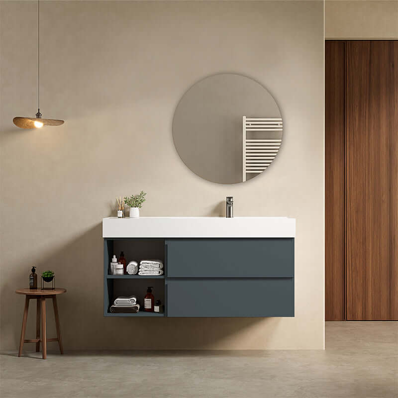 Mobile bagno sospeso 120 cm Blu Mare Lavabo a Destra in Resina Specchio Tondo - Fiji Paint Plus