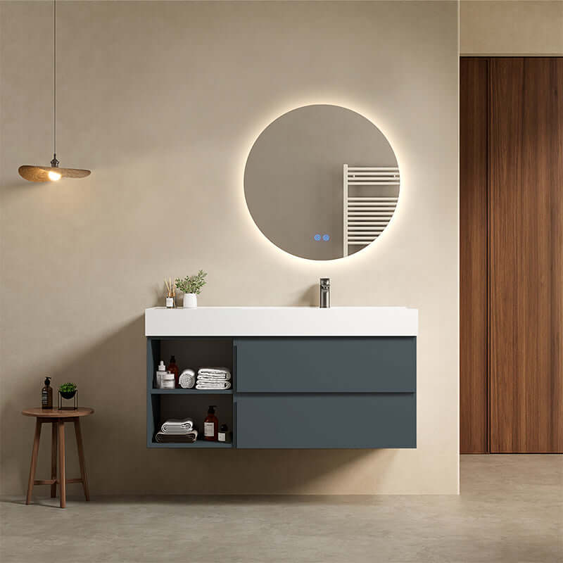 Mobile bagno sospeso 120 cm Blu Mare Lavabo a Destra in Resina Specchio Tondo Retroilluminato - Fiji Paint Plus