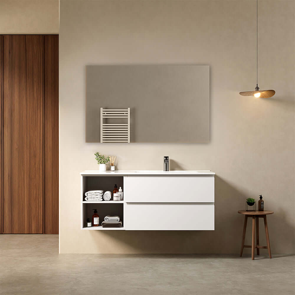 Mobile bagno sospeso 120 cm Bianco Lavabo a Destra in Ceramica Specchio Quadro - Fiji Paint Plus