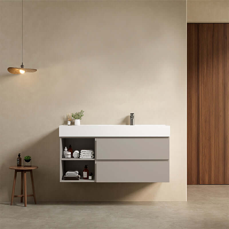 Mobile bagno sospeso 120 cm Grigio Cenere Lavabo a Destra in Resina Senza Specchio - Fiji Paint Plus
