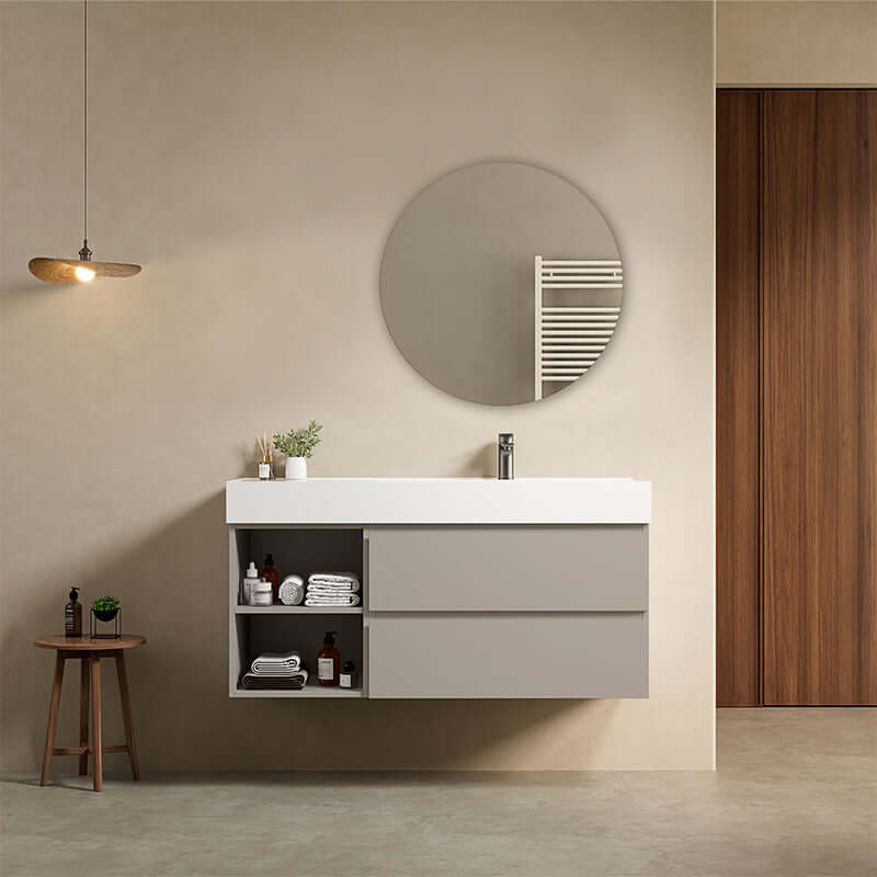 Mobile bagno sospeso 120 cm Grigio Cenere Lavabo a Destra in Resina Specchio Tondo - Fiji Paint Plus