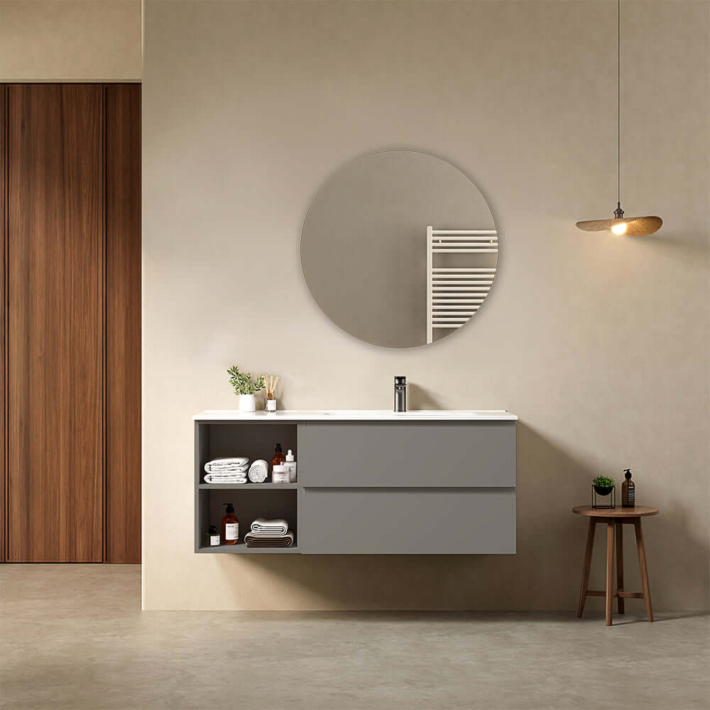 Mobile bagno sospeso 120 cm Grigio Londra Lavabo a Destra in Ceramica Specchio Tondo - Fiji Paint Plus