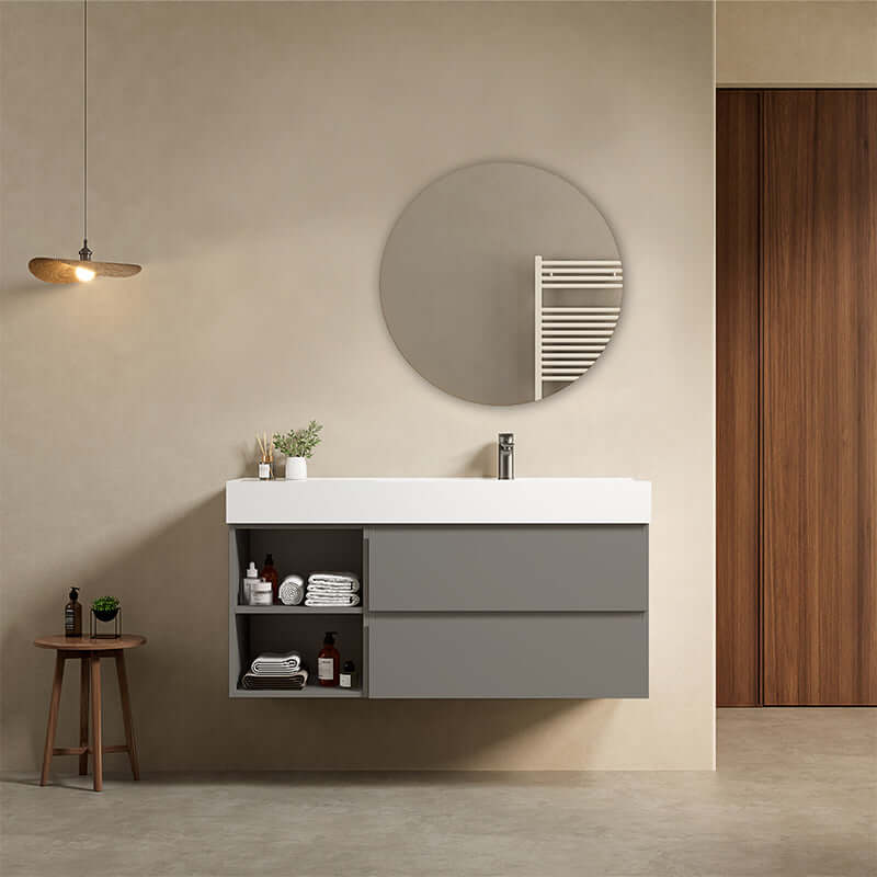 Mobile bagno sospeso 120 cm Grigio Londra Lavabo a Destra in Resina Specchio Tondo - Fiji Paint Plus