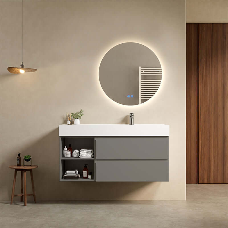 Mobile bagno sospeso 120 cm Grigio Londra Lavabo a Destra in Resina Specchio Tondo Retroilluminato - Fiji Paint Plus