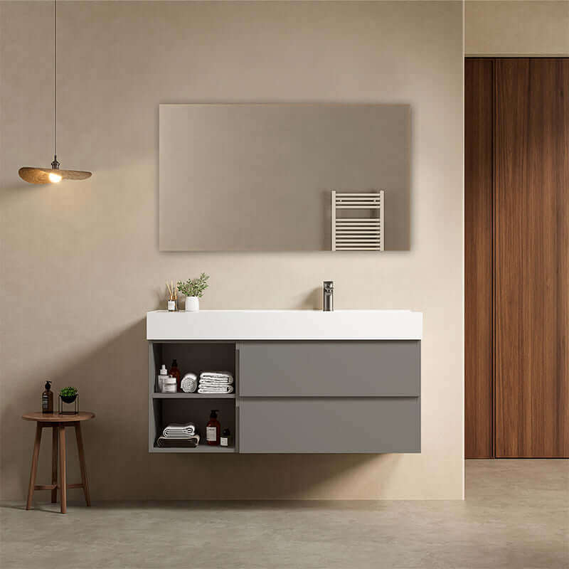 Mobile bagno sospeso 120 cm Grigio Londra Lavabo a Destra in Resina Specchio Quadro - Fiji Paint Plus