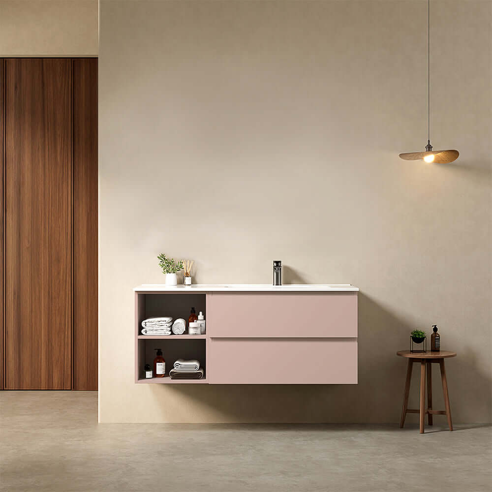 Mobile bagno sospeso 120 cm Rosa Retro Lavabo a Destra in Ceramica Senza Specchio - Fiji Paint Plus