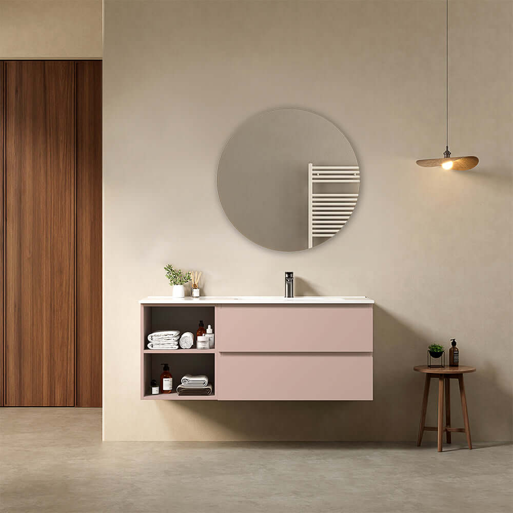 Mobile bagno sospeso 120 cm Rosa Retro Lavabo a Destra in Ceramica Specchio Tondo - Fiji Paint Plus