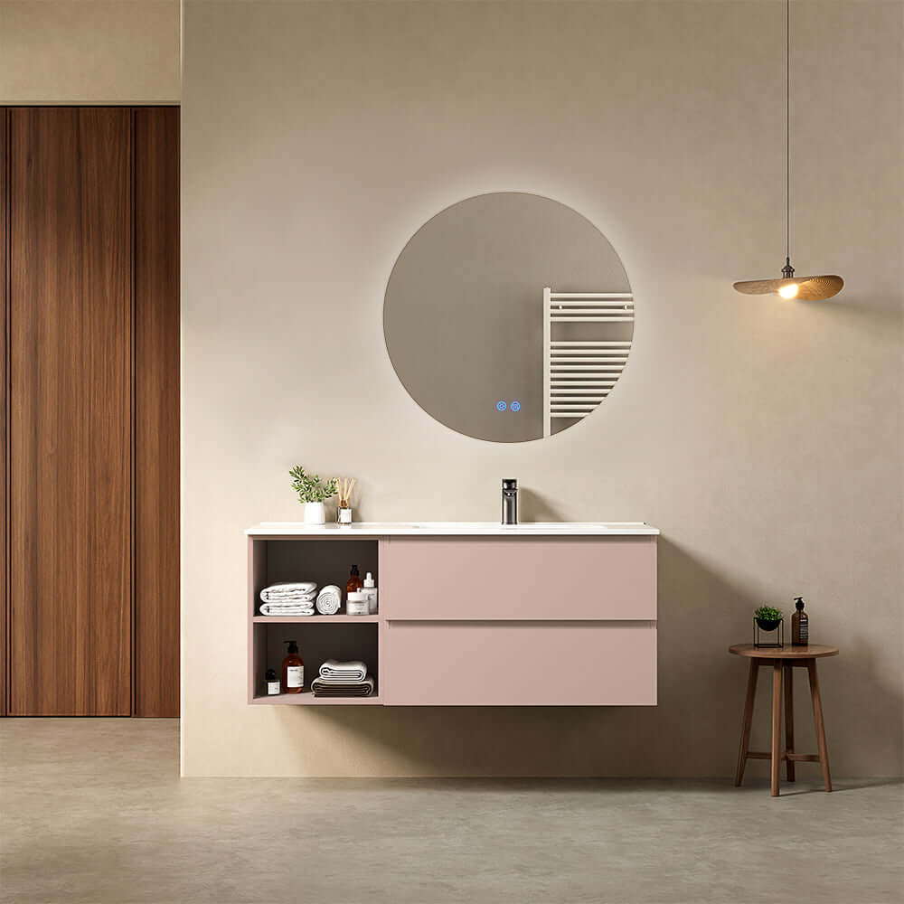 Mobile bagno sospeso 120 cm Rosa Retro Lavabo a Destra in Ceramica Specchio Tondo Retroilluminato - Fiji Paint Plus