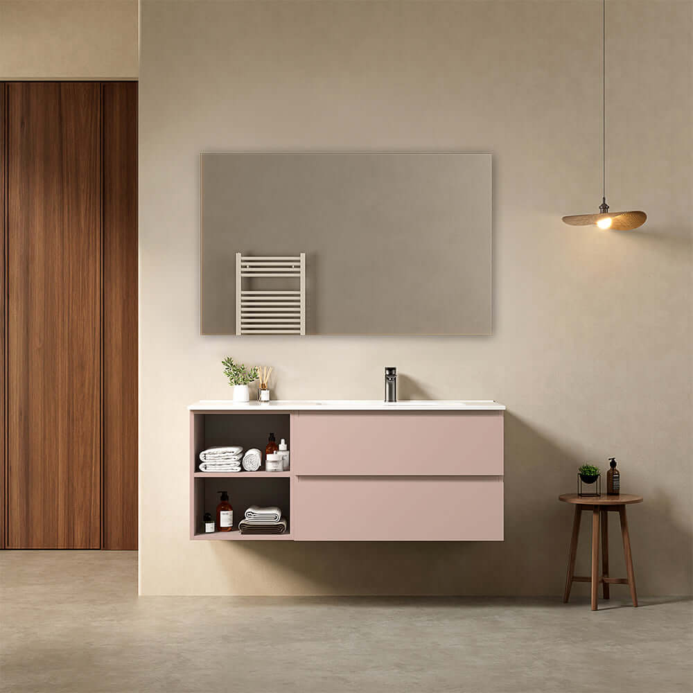 Mobile bagno sospeso 120 cm Rosa Retro Lavabo a Destra in Ceramica Specchio Quadro - Fiji Paint Plus