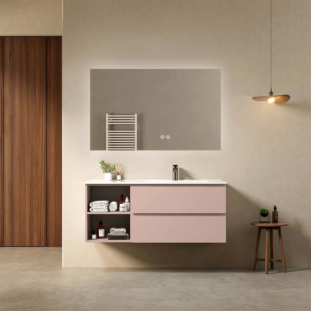 Mobile bagno sospeso 120 cm Rosa Retro Lavabo a Destra in Ceramica Specchio Quadro Retroilluminato - Fiji Paint Plus