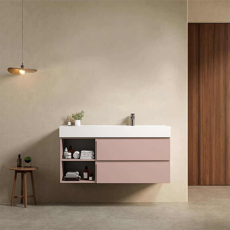 Mobile bagno sospeso 120 cm Rosa Retro Lavabo a Destra in Resina Senza Specchio - Fiji Paint Plus