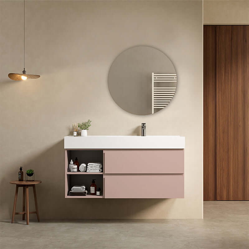 Mobile bagno sospeso 120 cm Rosa Retro Lavabo a Destra in Resina Specchio Tondo - Fiji Paint Plus