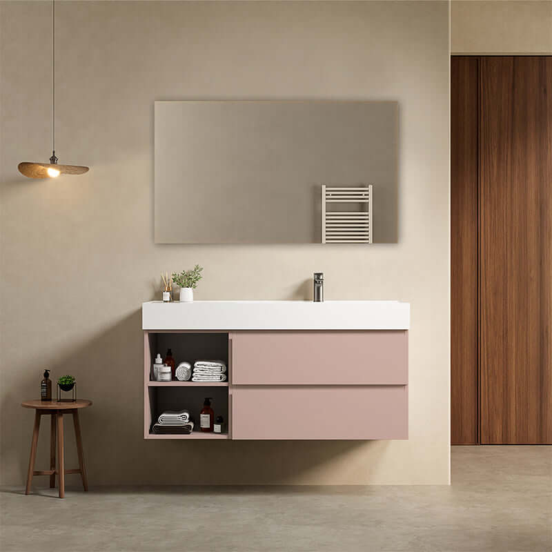 Mobile bagno sospeso 120 cm Rosa Retro Lavabo a Destra in Resina Specchio Quadro - Fiji Paint Plus